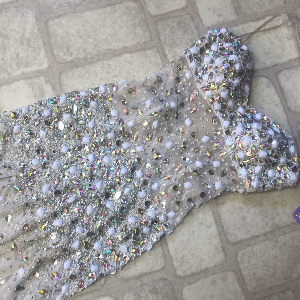 White jasz couture prom dress with leg slit